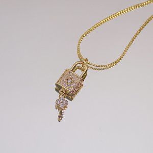 NEW 14K Gold Plated Diamond Lock Key Necklace